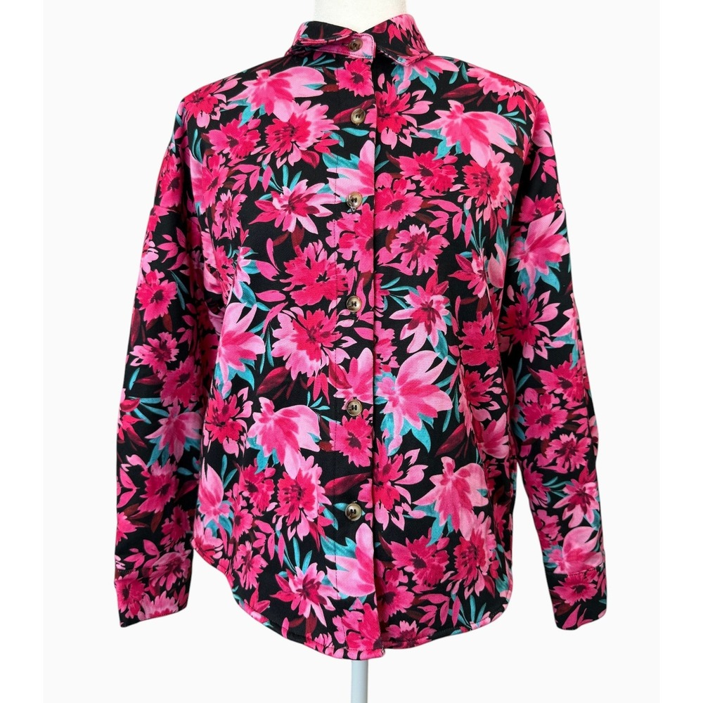 💜 Emily Wonder Floral Faux-Fur Lined Shacket Jacket – Pink & Black Size M NWT